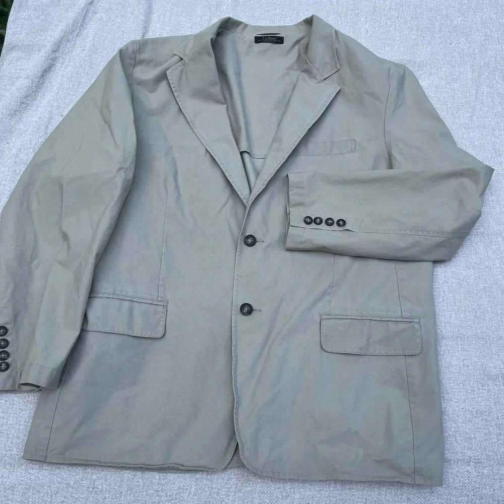 LL Bean Mens 44 Reg Khaki Cotton Blazer 80s Classic Fashion Shoulder Pads Jacket